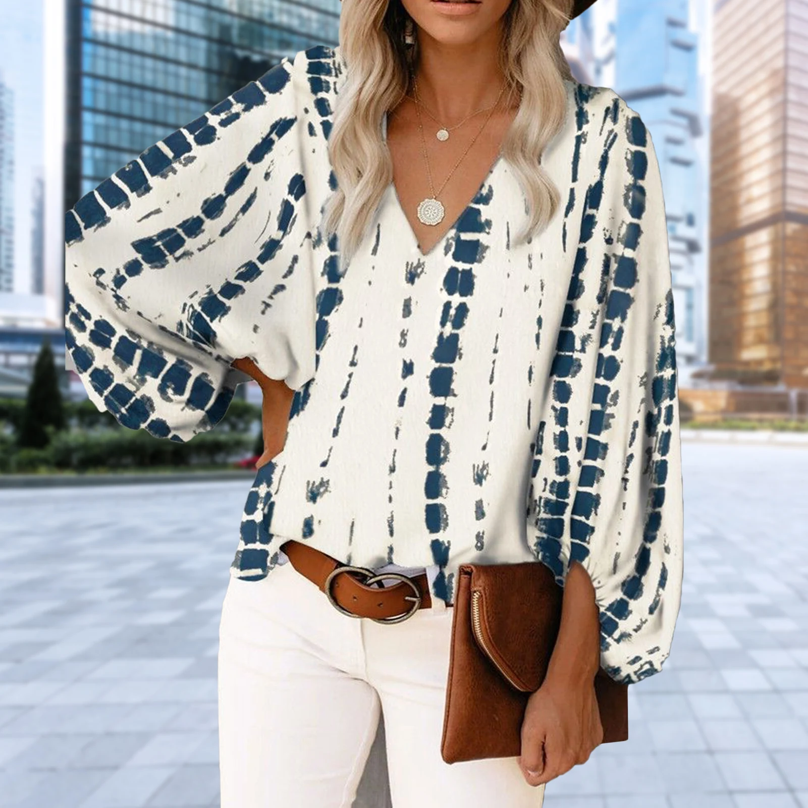 

Printed Women Overshirts V-neck Office Blouse Lantern Sleeves Temperament Fashion Elegant Simple Spring Summer Female Clothing