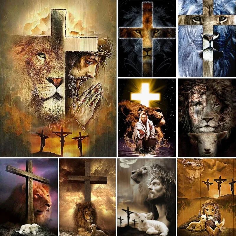 

Набор для алмазной живописи «сделай сам», картина с изображением Иисуса льва и Креста, Алмазная мозаика стразы, домашний декор