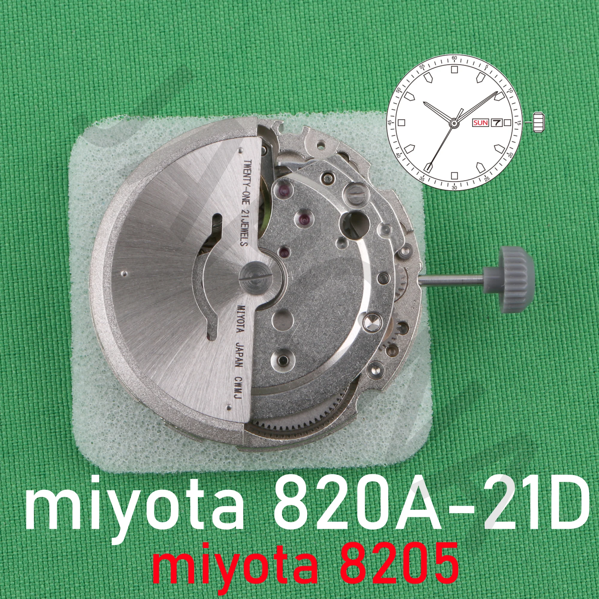 8205 movement silver miyota 820a-21d MIYOTA’s signature standard mechanical movement 3 hands with date/day at 3o'c 8205 820a 820