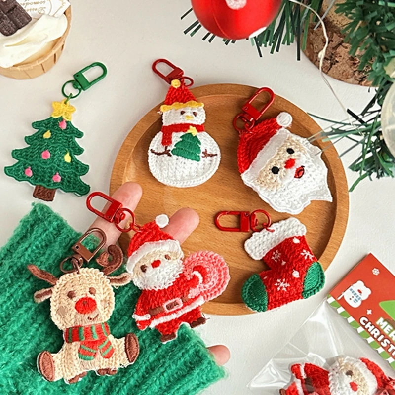 Knit Santa Keychain Cartoon Claus Key Fob Cute Xmas Tree Keyring for Christmas Decoration Phone Backpack Purse Gift Party Favors