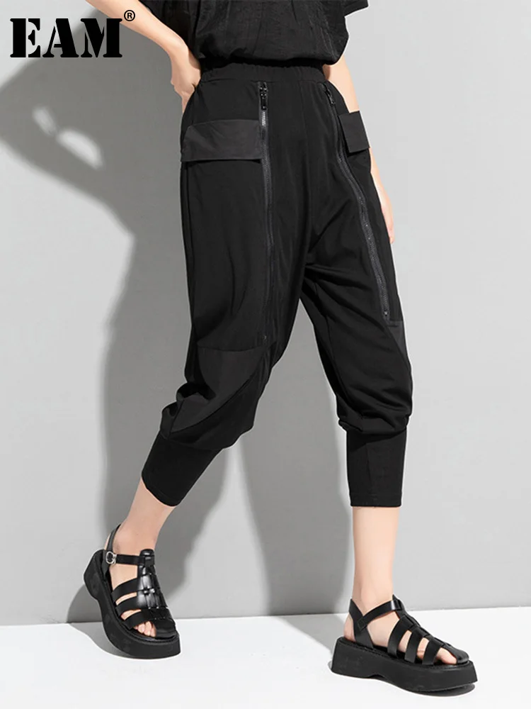 

[EAM] Черные повседневные шаровары на молнии с высокой эластичной резинкой на талии, новые свободные брюки для женщин, модные весенне-осенние 2023 1DF4763