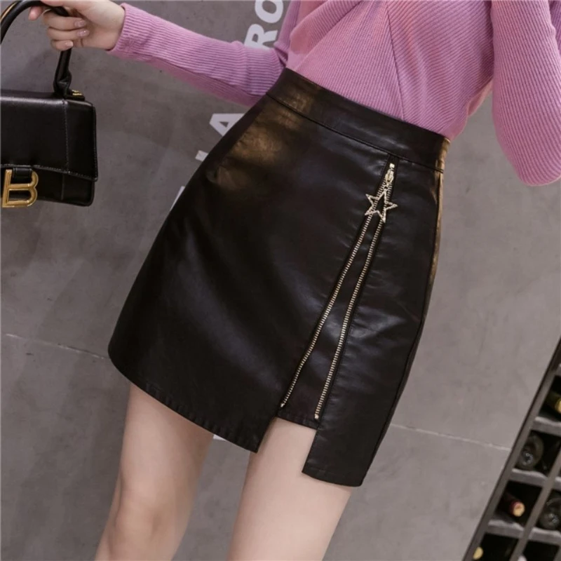

Estceque New Black PU Skirt Women High Waist Split A-line Korean Thin Zipper Skirt Mini Skirt See Through Y2k Skirt Woman Skirts