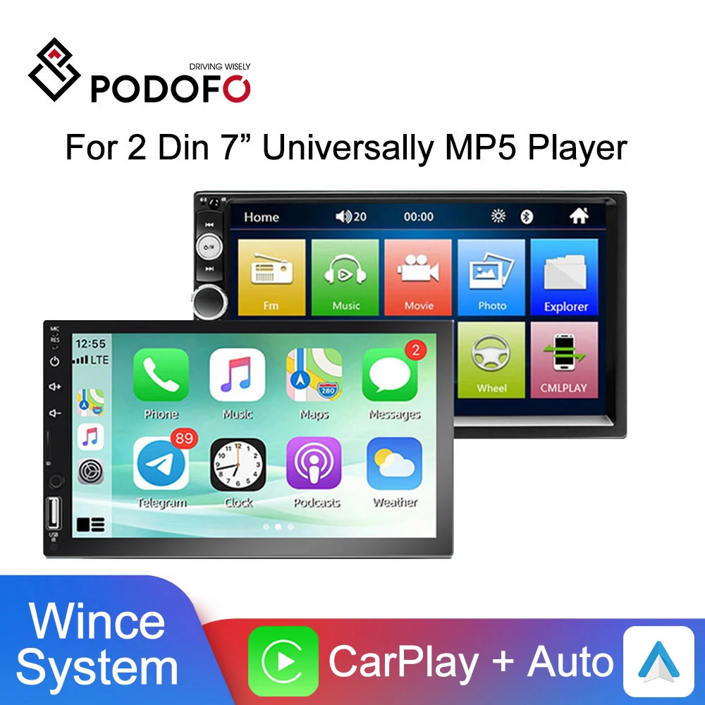 

Podofo 2 din CarPlay Android Auto Car Radio 7" Autoradio Multimedia Player MP5 Audio Bluetooth Monitor 2din Head Unit FM Stereo