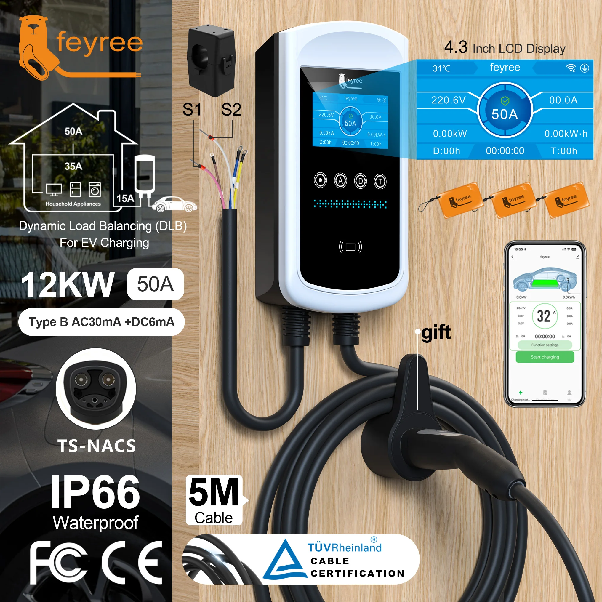 

Feyree Зарядная станция для электромобилей с динамической нагрузкой 32A 7KW TS-NACS Разъем зарядного устройства Автомобильное зарядное устройство EVSE Wallbox 9,6KW 12KW Управление через приложение