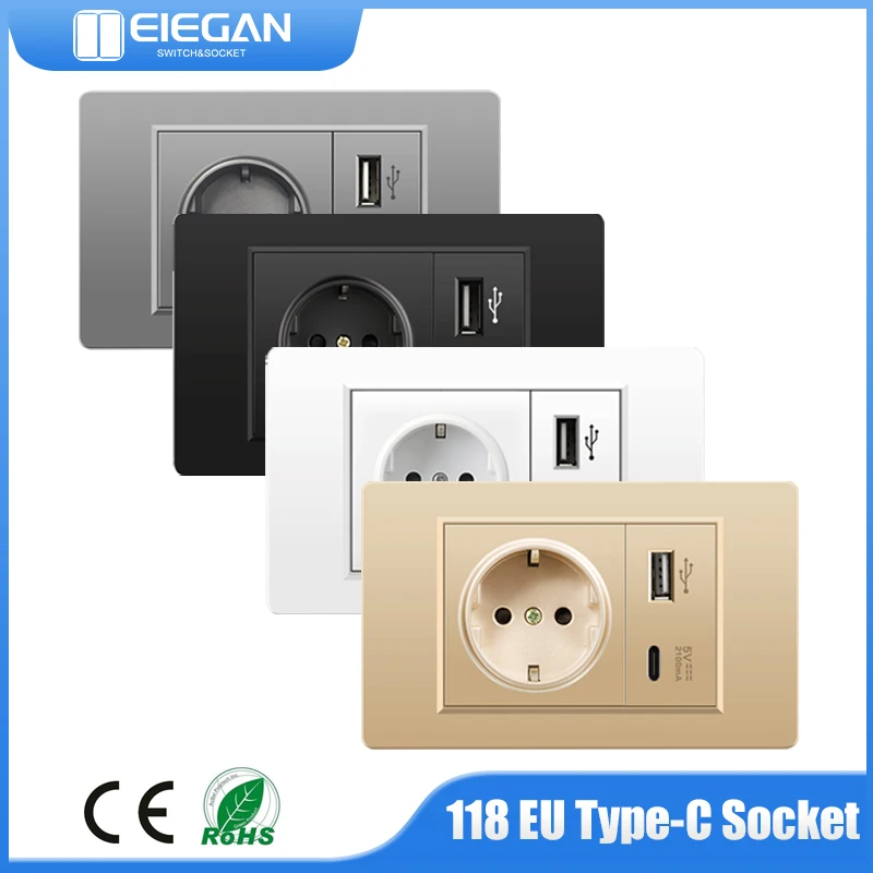 

EU Standard 250V PC Panel Electric Wall Socket with USB Type-C 2.1A 5V Charger Power Outlet Socket Combination 118*72mm Type