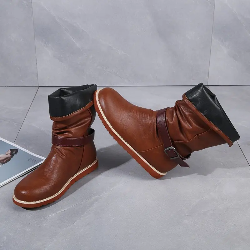 Large Size Women's Shoes 2022 Autumn New Buckle Retro Thick Bottom Non-slip Wear-resistant Middle Boots Women Cowboy Boots