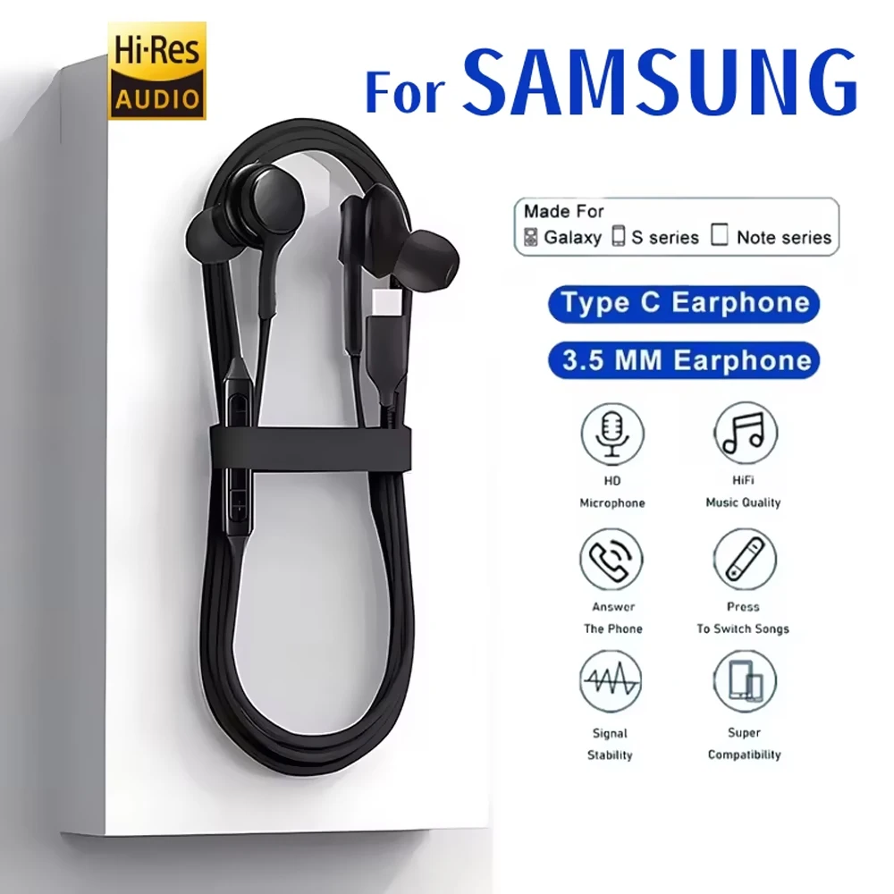 Фото Оригинальные проводные наушники Type-C для Samsung Galaxy S25 S24 S23 S21 S22 Ultra Plus, 3.5 мм, для ноутбуков A54 A34 A53 A53 №1