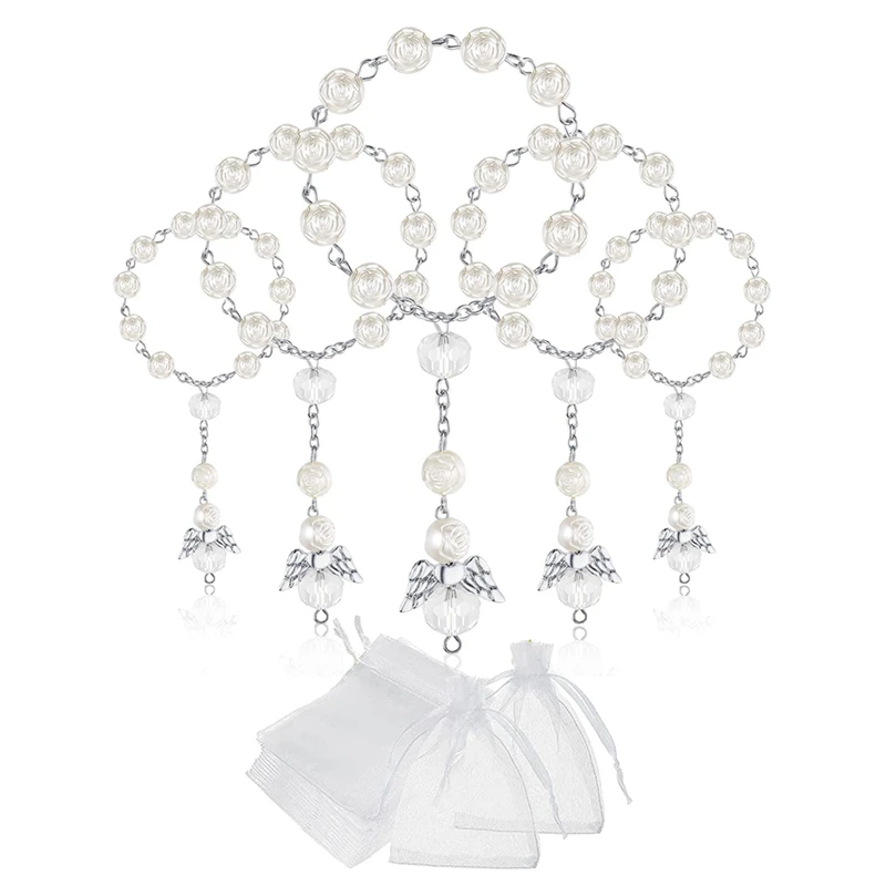 

30 Pcs Baptism Acrylic Rosary Beads Mini Rosaries Angel With Organza Bags For The First Communion Baptism Party Favors