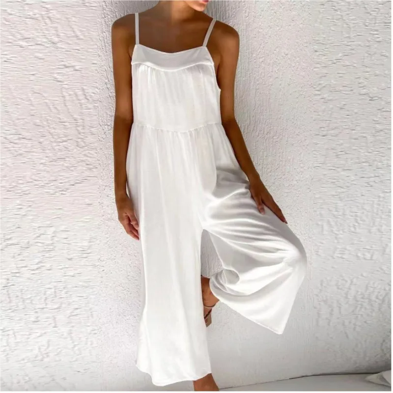 

Women Fashion Suspender Jumpsuit Casual Sleeveless Wide Leg Pant Loose Long Romper Elegant Off Shoulder Solid Playsuits Overalls