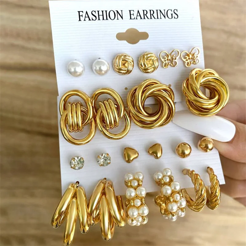 

Набор винтажных металлических геометрических серег золотого цвета, серьги-подвески с жемчугом, тренд 2022 для женщин, ювелирные изделия для в...