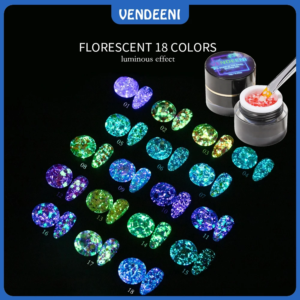 

VDN 10ml Luminous Sequins Gel Nail Polish UV Soak Off Gel Varnish Fluorescent Neon Gel Glitter Lacquer Polish 18 Colors