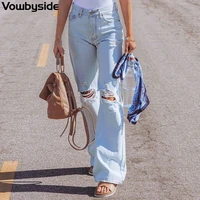 womens casual jeans ripped slim fit wide leg pants flare pants denim trousers