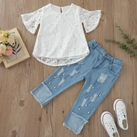 baby girl clothes 2022 summer new girls lace top beaded irregular jeans two piece set girls designer clothes