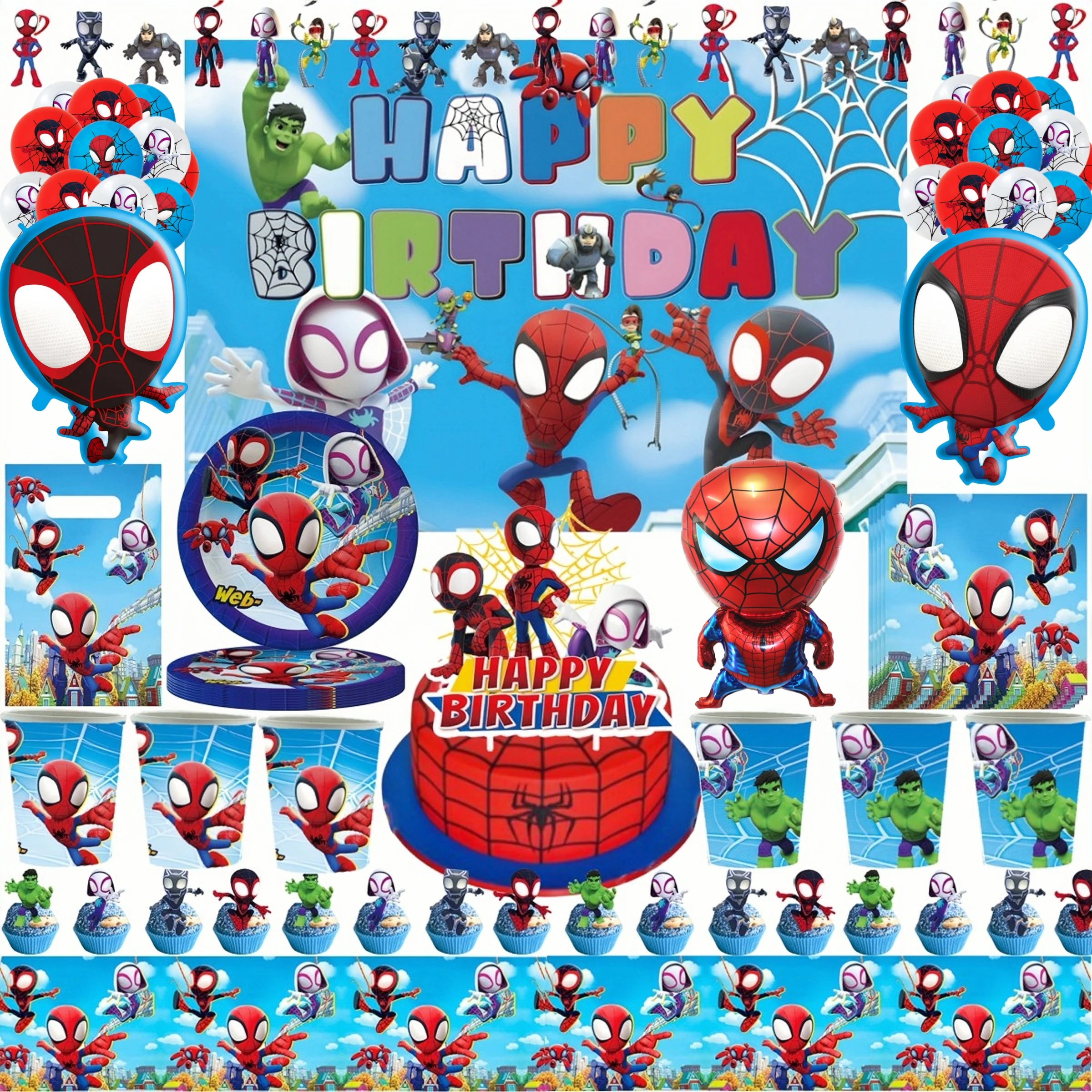 

Украшение для вечеринки в честь Дня Рождения Человека-паука и его друзья, чашки, скатерть, фон, супергерои, воздушные шары, аксессуары для вечеринки