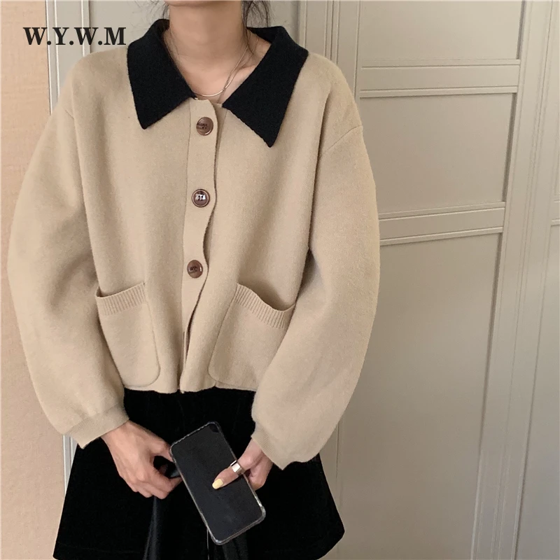 

WYWM Winter Peter Pan Collar Short Knitted Cardigans Sweater Women Vintage Kawaii Long Sleeve Coat Korean Streetwear Female Tops