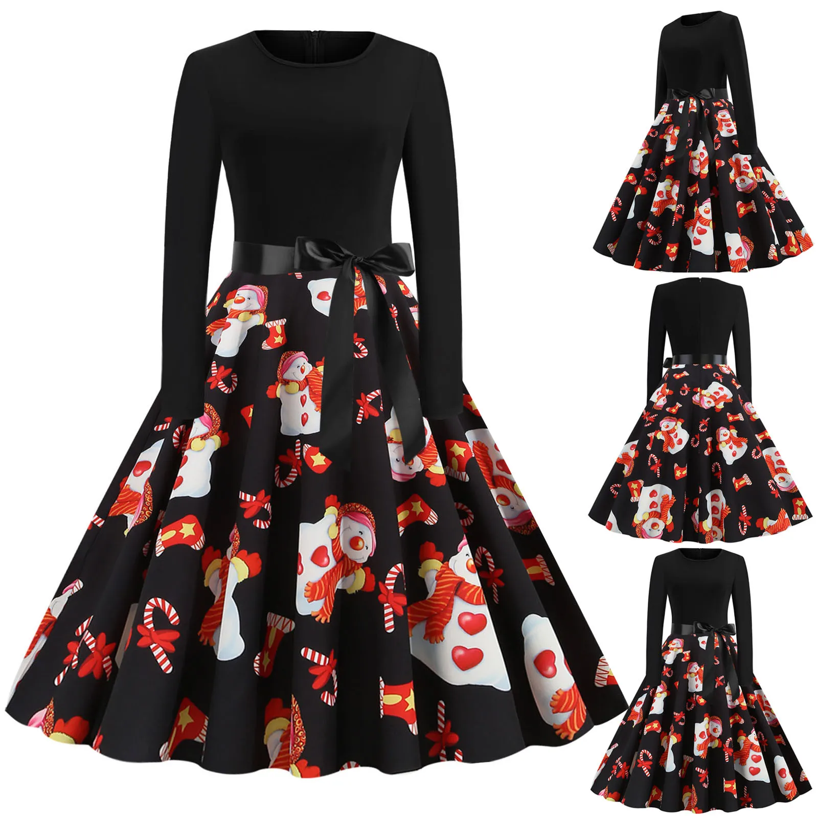 

Dress For Women Long Sleeve Christmas Printed Round Neck 1950s Housewife Evening Party Cocktail Dresses for Women Long Sleeves