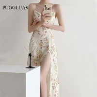 summer floral printed dress elegant hight split bandage backless midi dress fashion retro sleeveless holiday long dress vestido
