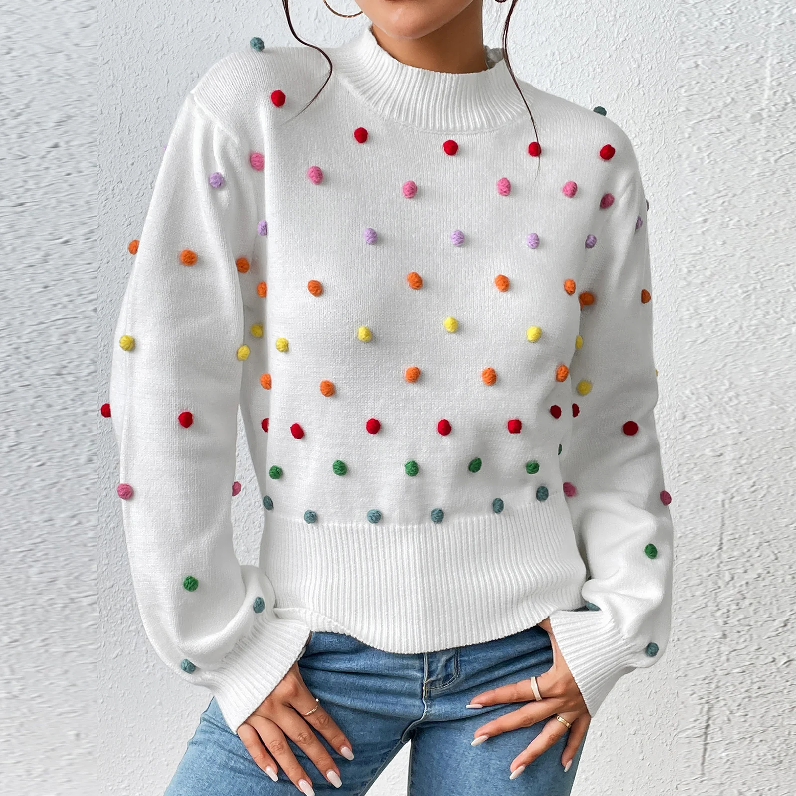

Loose Fit Slight Strech Cute Style Women Rainbow Pom Pom Pullover Casual Knitted Pullovers Jumper Tops Knit Tops Streetwear