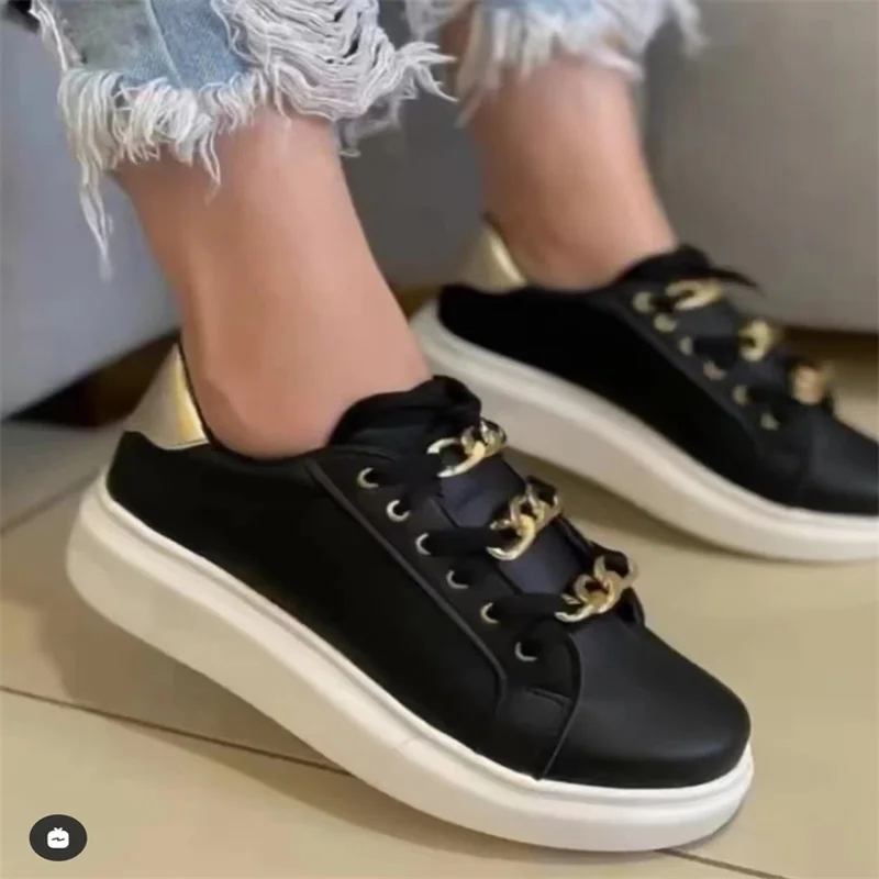 Women's Vulcanized Shoes Fall 2022 Women's Shoes Metal Chain Fashion Lace-Up Casual Shoes Women's Sneakers Zapatillas Mujer 3