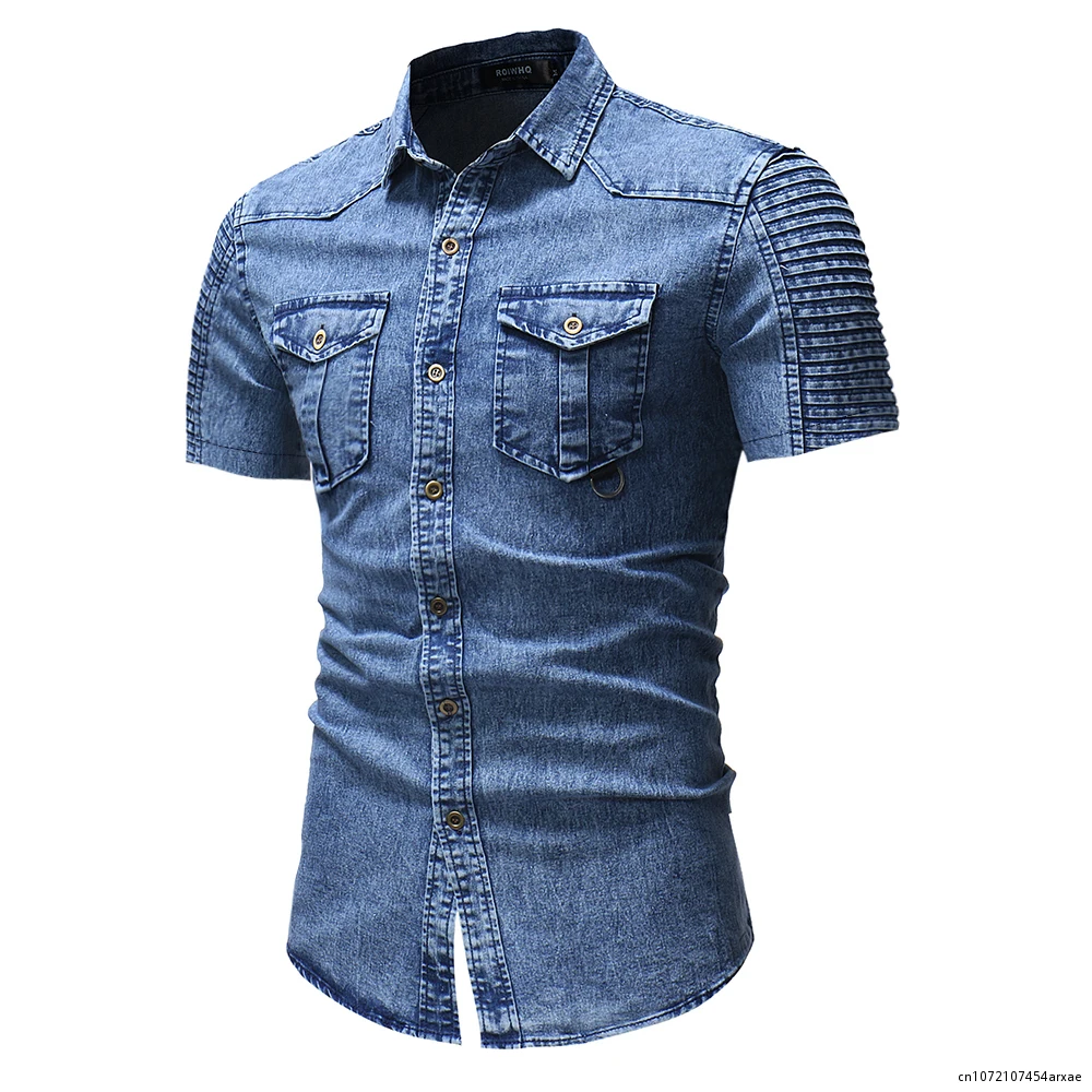 

Рубашка мужская джинсовая с коротким рукавом, приталенная блуза из денима, повседневная потертая, на пуговицах, в стиле хип-хоп, синяя, лето