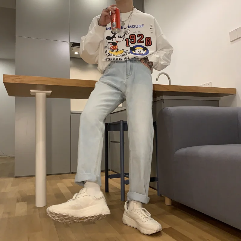 Streetwear Men 2022 New Port Breeze Vintage Jeans Loose Recreational Straight Cylinder Blue Temperament Trousers Autumn Female