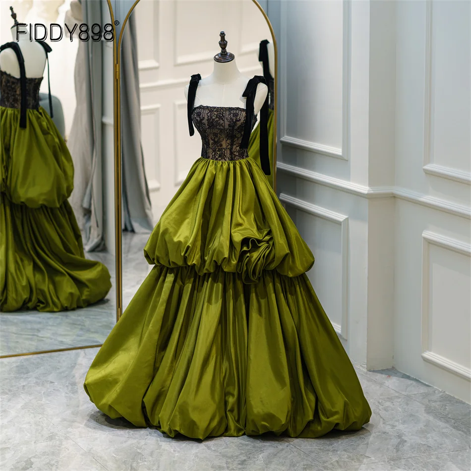 

Spaghetti Straps A-line Evening Dresses Green Party Dress Elegant Tiered Lace Evening Gowns with High Slit LDC6591
