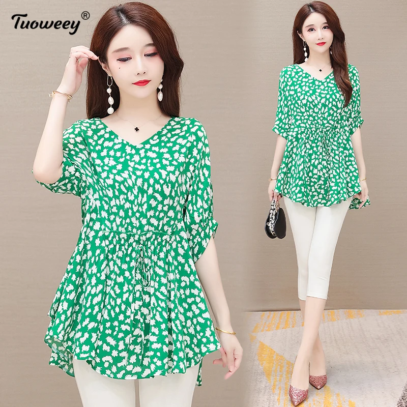 

Floral Print Elegant V-Neck Chiffon Blouses Fashion Folds Short Sleeve Button Pullovers Shirt 2022 Summer Casual Women's Clothes