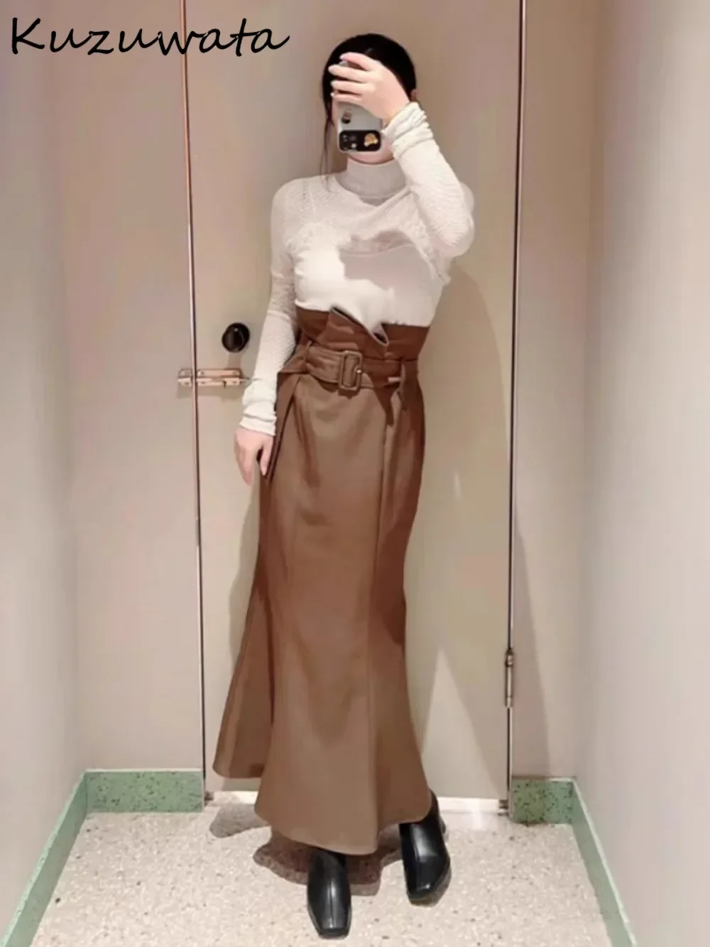 Kuzuwata Повседневные милые облегающие юбки с высокой талией и поясом Feminine Bud Mermaid Mujer