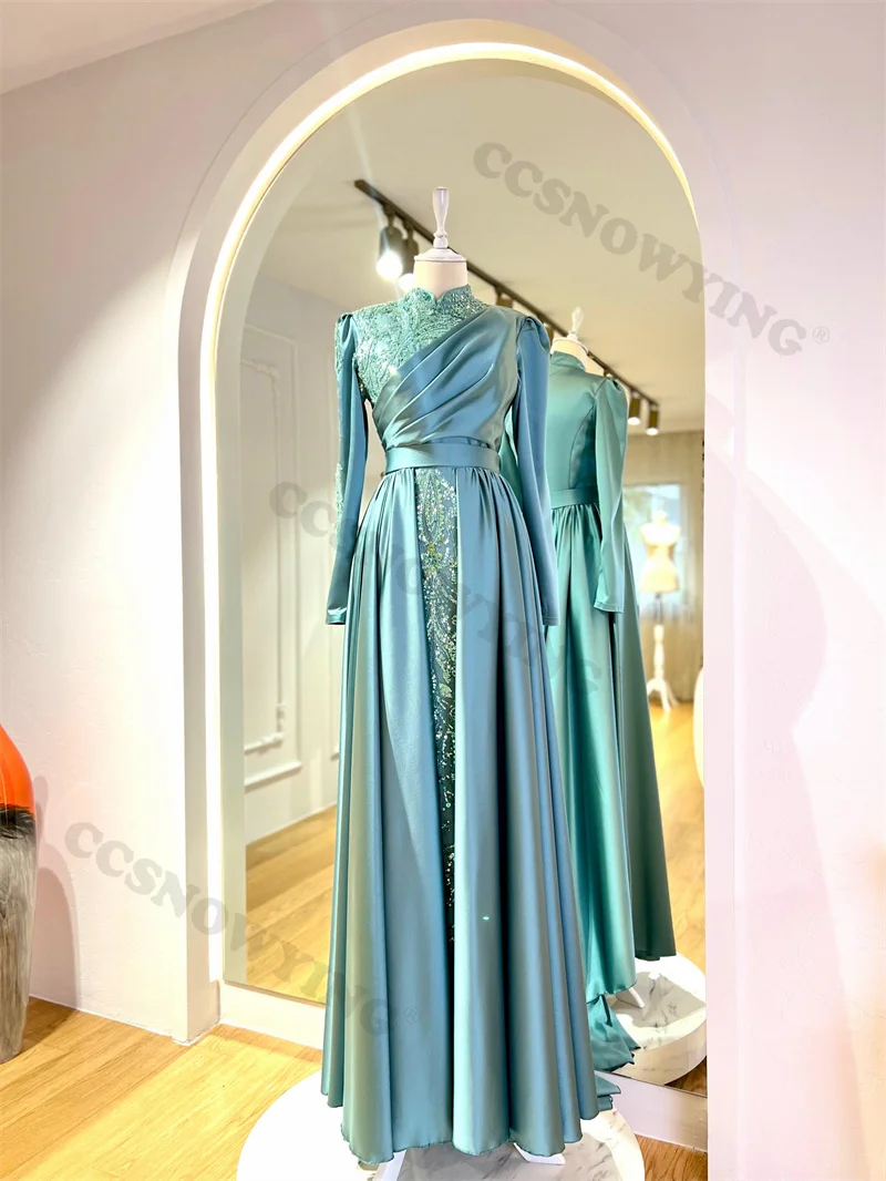 

Атласные вечерние платья в мусульманском стиле с аппликацией из бисера, с длинным рукавом, в исламском стиле, вечерние платья с высоким воротником для женщин