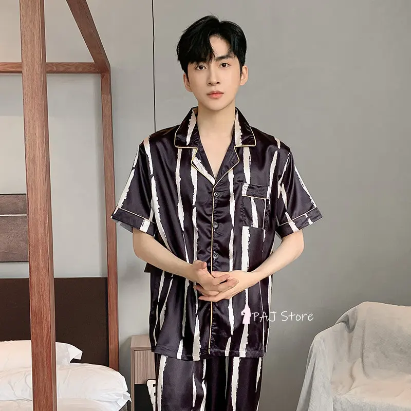 Men Sleepwear Silk Satin Pijama Set Pajama Sets Short Sleeve Sleep Home Clothes Man 2 Pieces Sets Home Suits Pyjamas L-5XL
