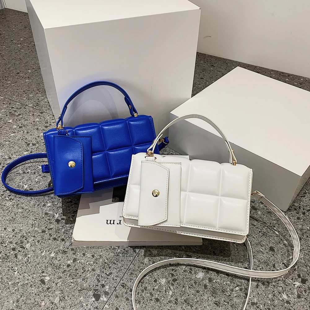 

2pcs/set Fashion Chain Plaid Shoulder Bag Simple Female Daily Purse Women Solid PU Leather Handbag Women Messenger Bag For Women