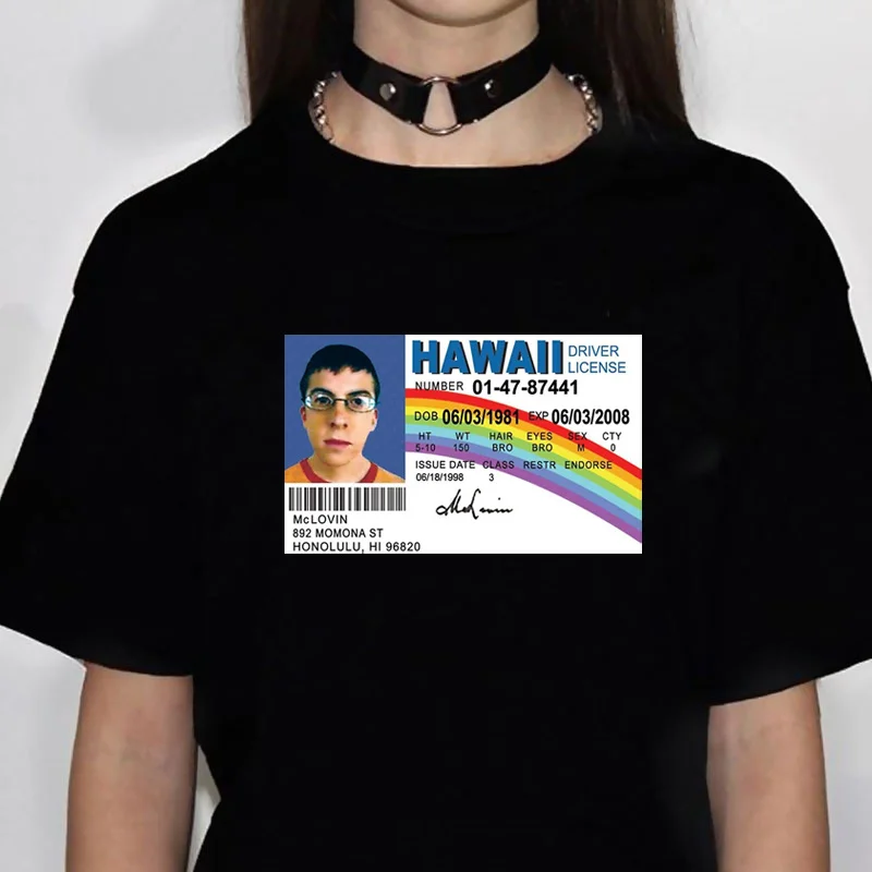 

McLovin бейдж для водительского удостоверения футболка Темный юмористизм уличная одежда темная унисекс Хип-Хоп унисекс Гавайская Мужская фут...