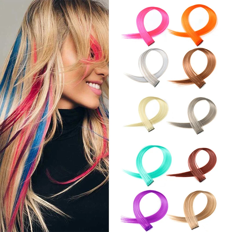 

Synthetic Long Straight Colored Clip In Fake Hair Extensions Highlight Rainbow Streak Pink Hair Extension Strands On Clips