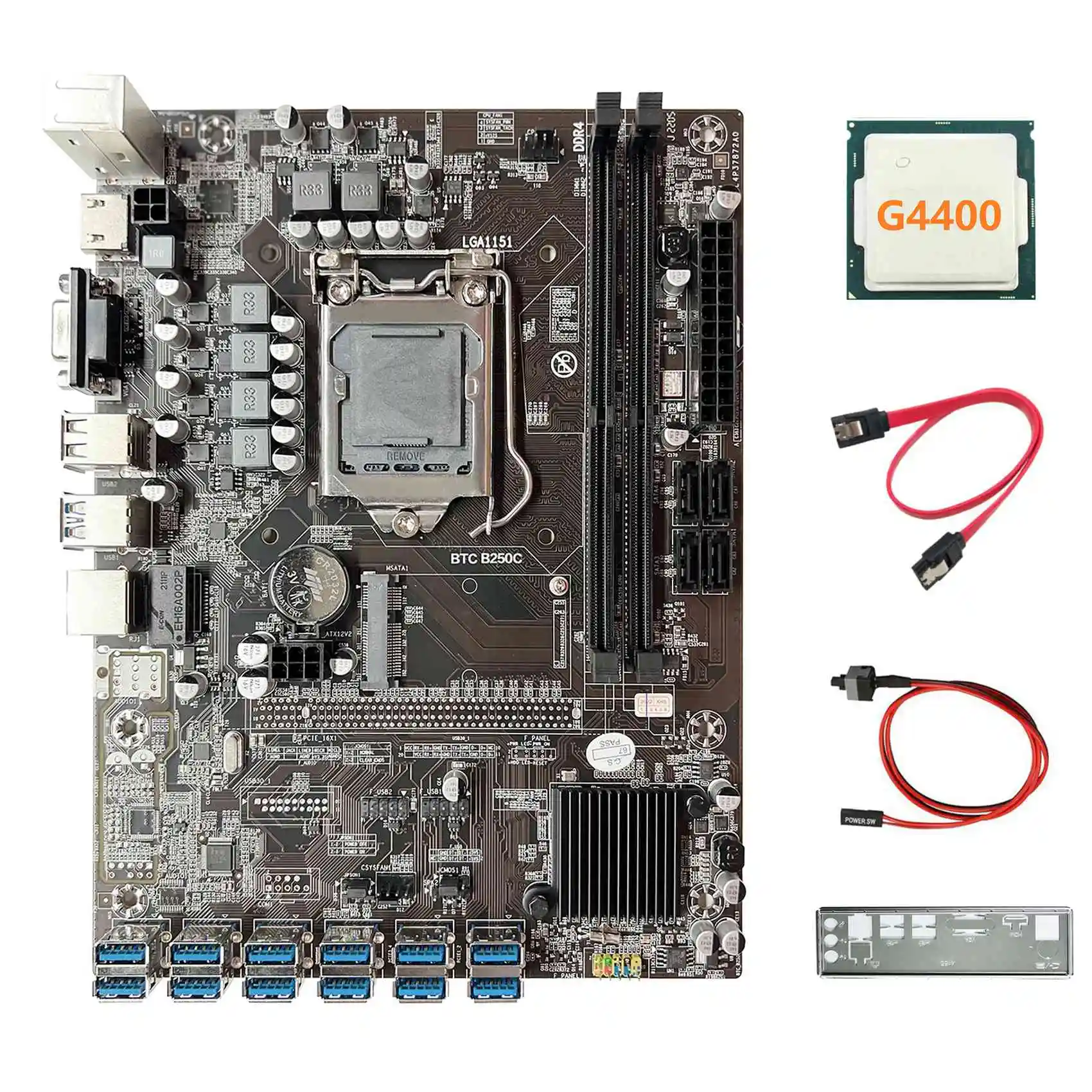 

Материнская плата B250C ETH Miner + процессор G4400 + перегородка + кабель SATA + коммутационный кабель 12USB3.0, слот для графической карты LGA1151 для BTC