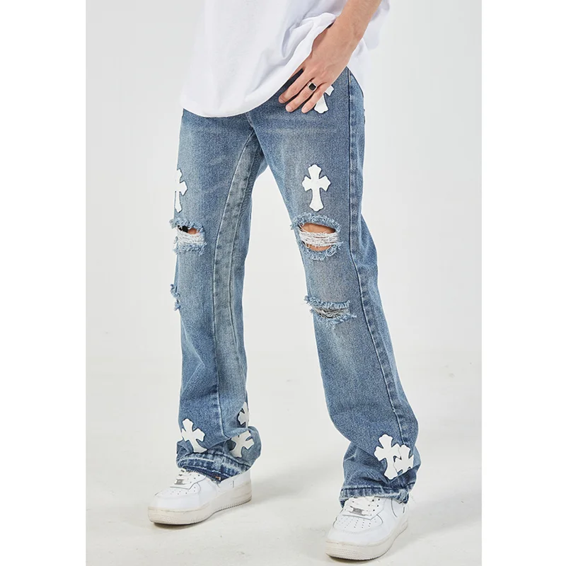 Streetwear Men Vintage High Street Cross Veneer Ripped Jeans Straight Cylinder Micro Horn Sense of Design Trousers Autumn Female