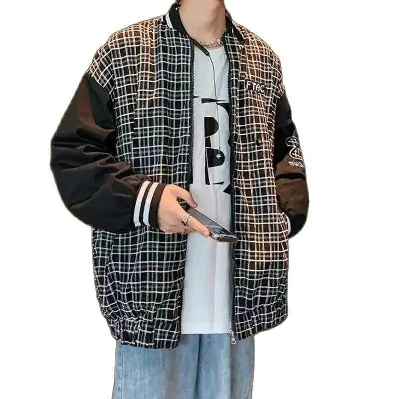 

Reversible Baseball Uniform Jacket Men Trendy Brand Loose Casual Couple Spring Autumn Plaid Tooling Jacket