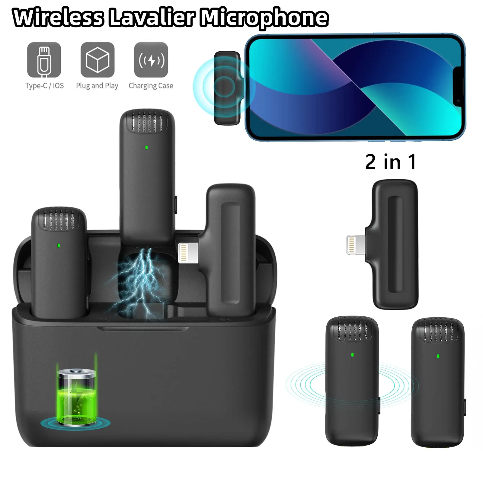 2 In 1 Wireless Lavalier Microphone with Charging Case for IPhone Android Phone Video Recording Interview Youtubers Vloggers
