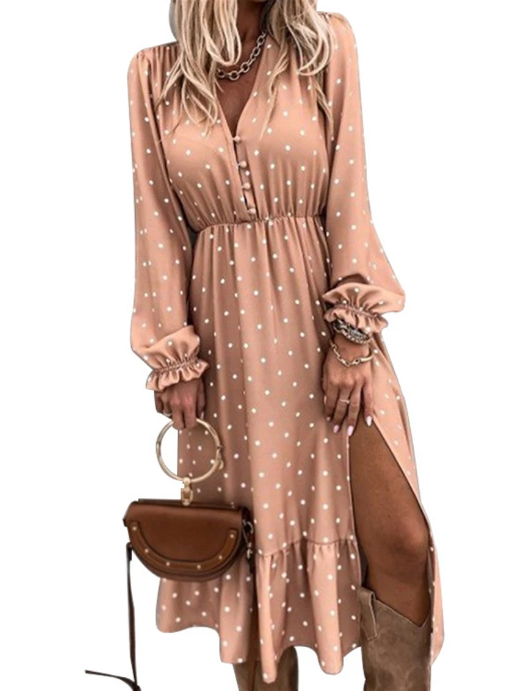 

Dresses Summer Women Sexy V Neck Polka Dot Print Long Sleeve Dress 2022 Streetwear Elegant Ladies Office Casual Loose Vestidos