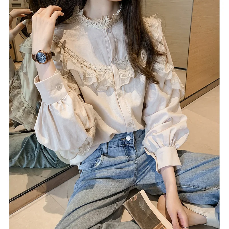 

Womens Tops and Blouses 2023 Cotton Linen Blouse Button Solid Stand Collar Ladies Lace Tops Women Shirts Blusas Korean Feminine