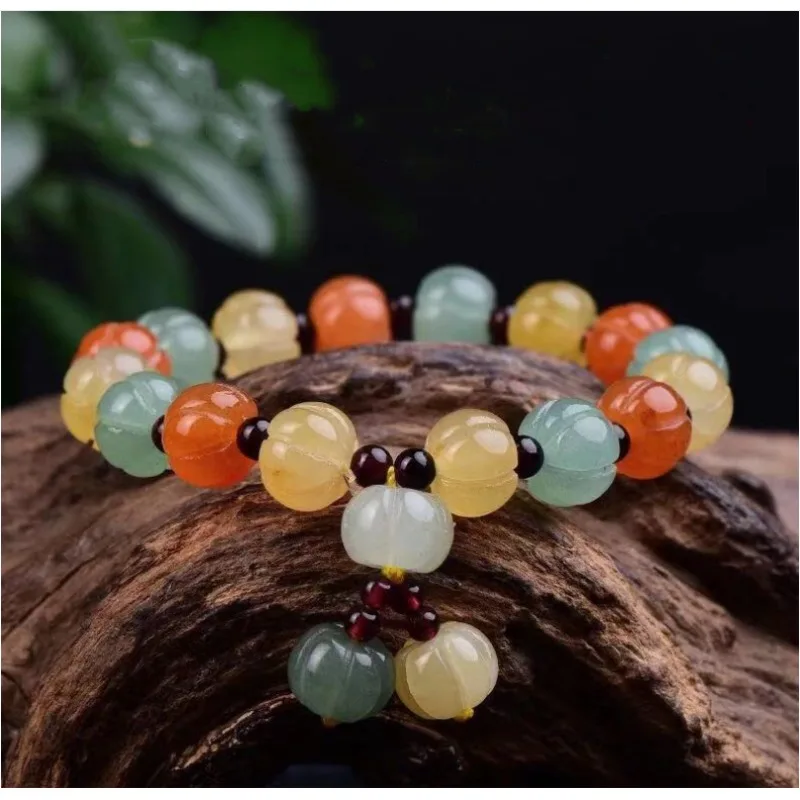 Натуральный золотистый нефритовый браслет с бусинами в виде тыквы для мужчин и