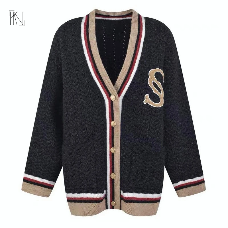 V-neck Vintage Knitted Cardigan 2023 Spring New French College Style Double-S Letter Single-breasted Long-sleeved Knitted Jacket