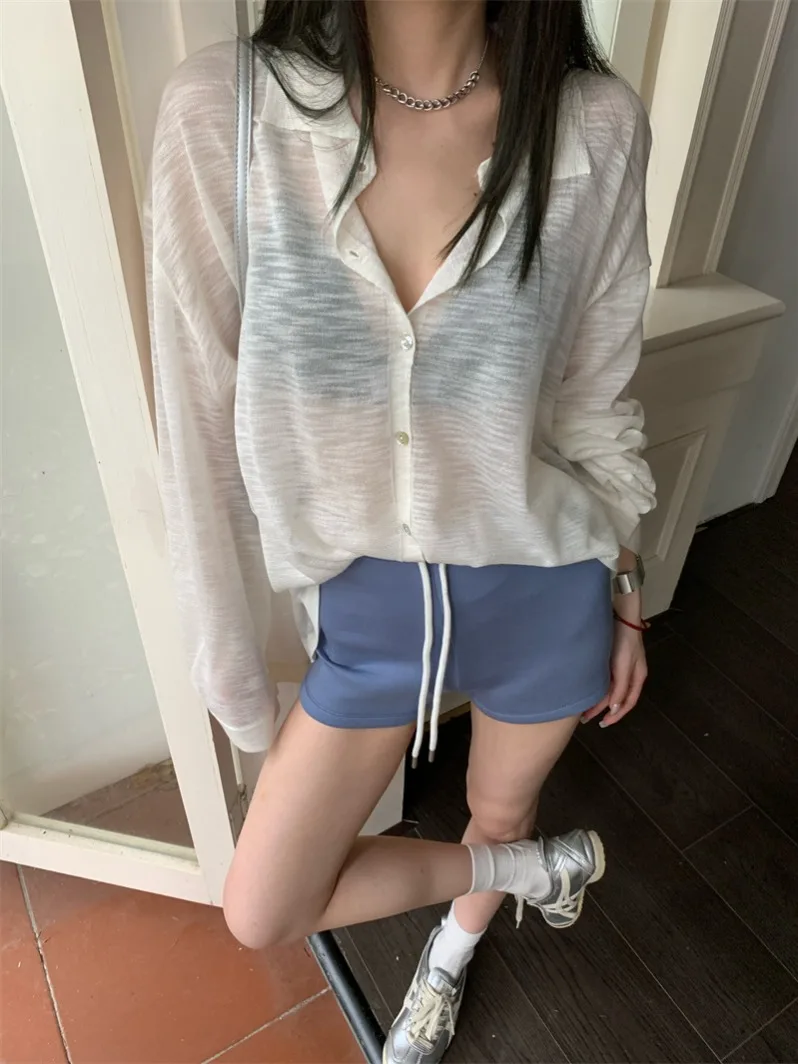Hong Kong Flavor New Thin Polo Collar Button Knitted Sun Protection Shirt + Gyaru Drawstring Sports Leggings