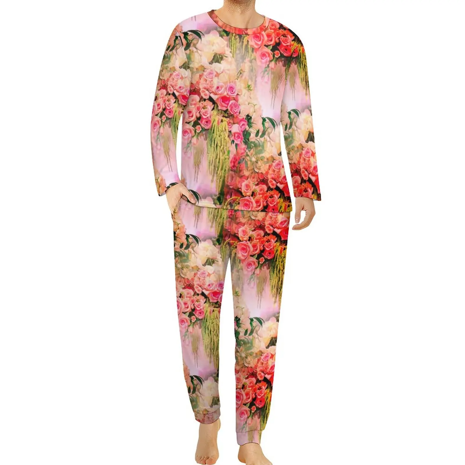 

Pink Vintage Roses Pajamas Autumn 2 Pieces Retro Flower Print Kawaii Pajama Sets Long Sleeves Sleep Design Nightwear Big Size