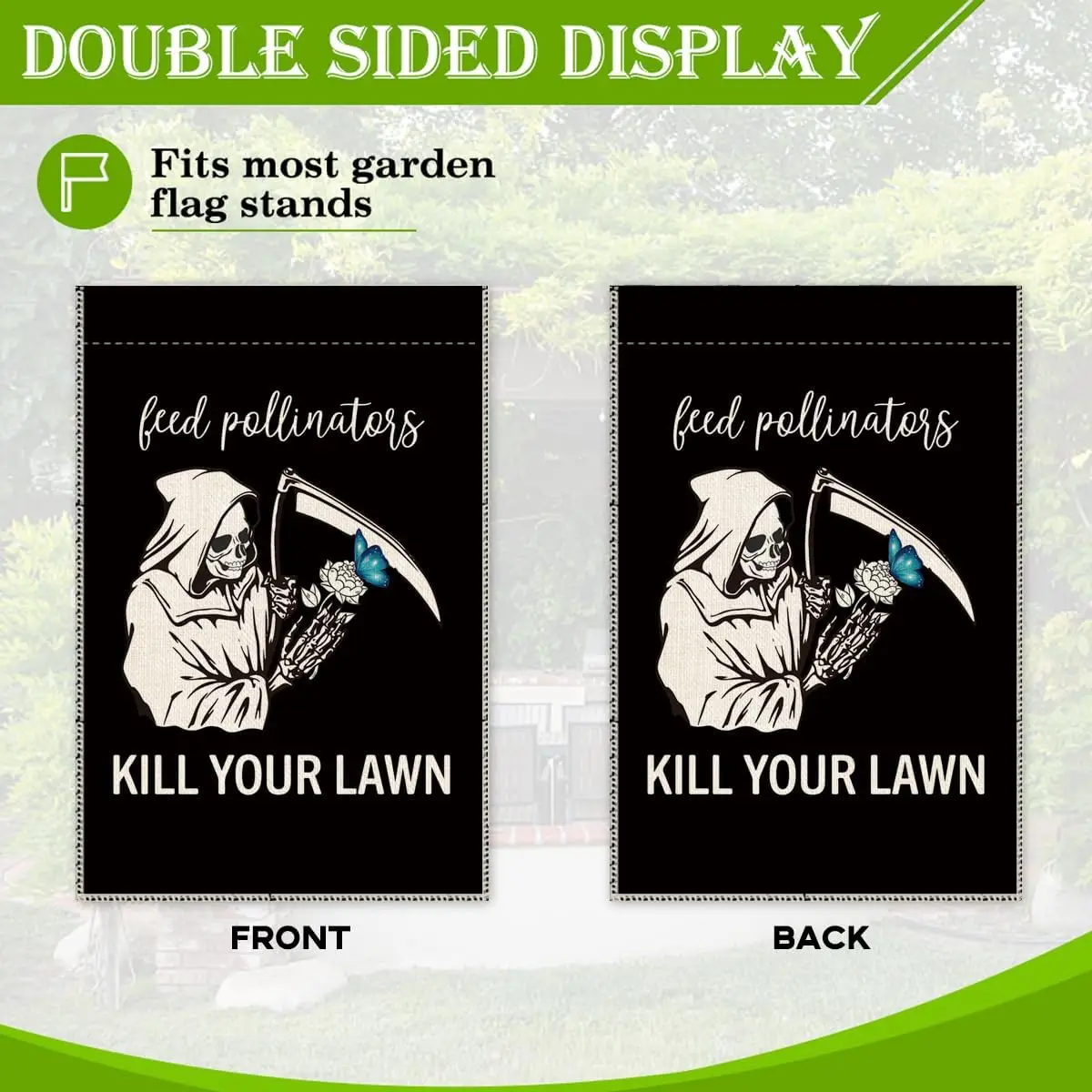 Фото Флаг для сада Hafhue Feed Pollinators Kill Your Lawn Goth, 12 x 18 дюймов, двусторонний, в стиле фермерского дома, праздничное украшение для двора, Pollin LLX №4