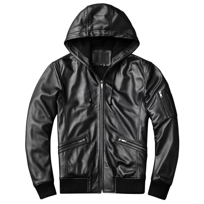 Fashion Hood Jackets 100% Natural Soft Sheepskin Genuine Jacket Men Autumn Spring Clothes Mens Real Leather Coat