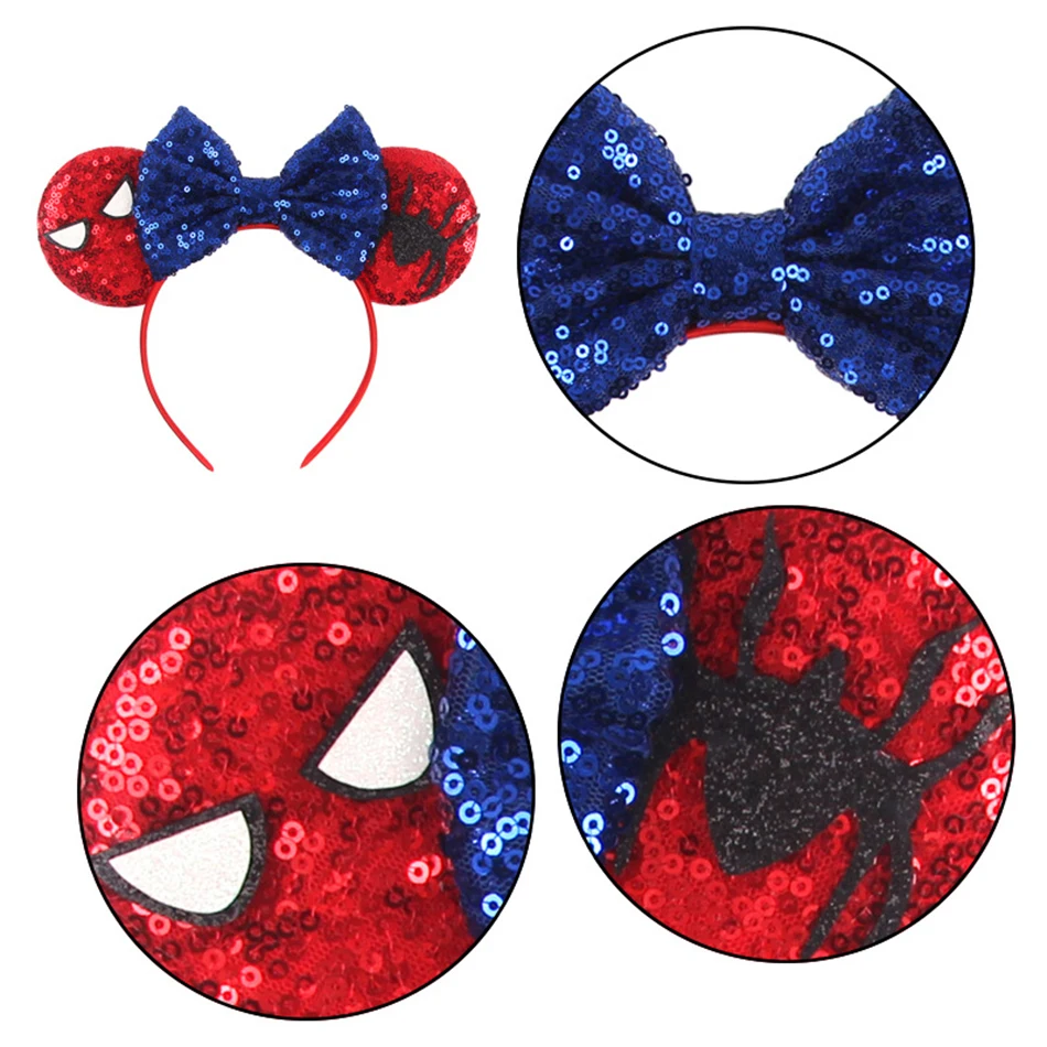 Disney Mickey Minnie Ears Headband Spiderman Mermaid Princess Sequin Bows Ears Cosplay Festival Adult Kids Headband Gift