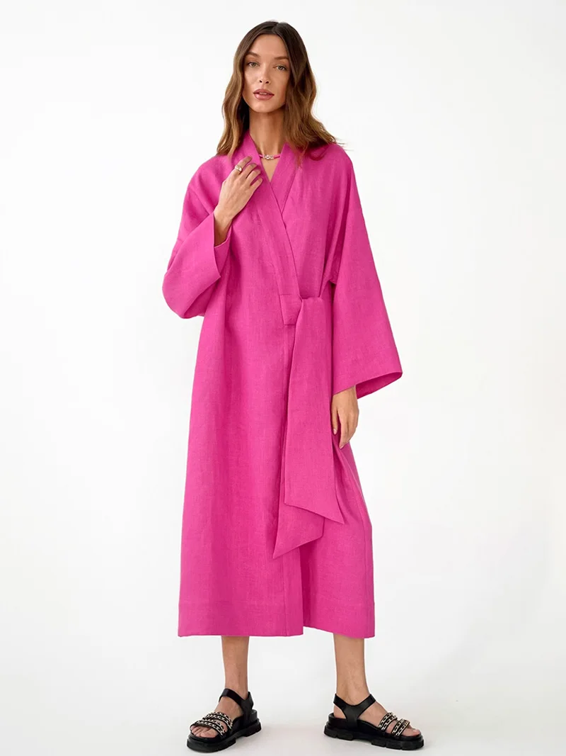 

Женское льняное платье средней длины, однотонное Розовое свободное платье-трапеция с запахом, V-образным вырезом и длинным рукавом, Осень-зи...