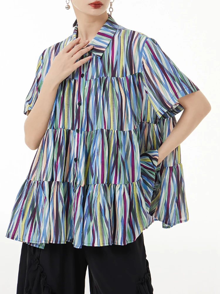 [EAM] Женская тонкая блузка в красочную полоску большого размера новая свободная