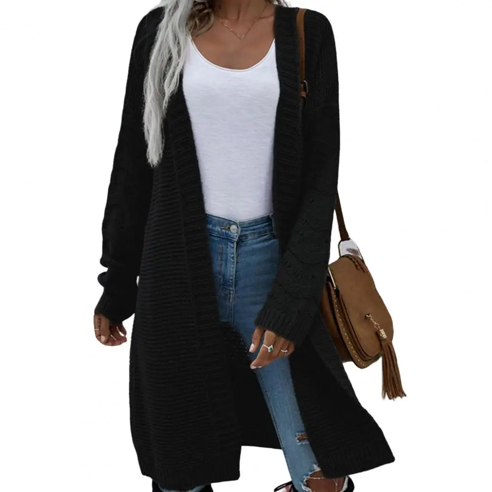 

Winter Cardigan Sweater Women Coat Mid Length Loose Solid Color Cardigan Open Stitch Thermal Knitted Collarless Lady Sweater