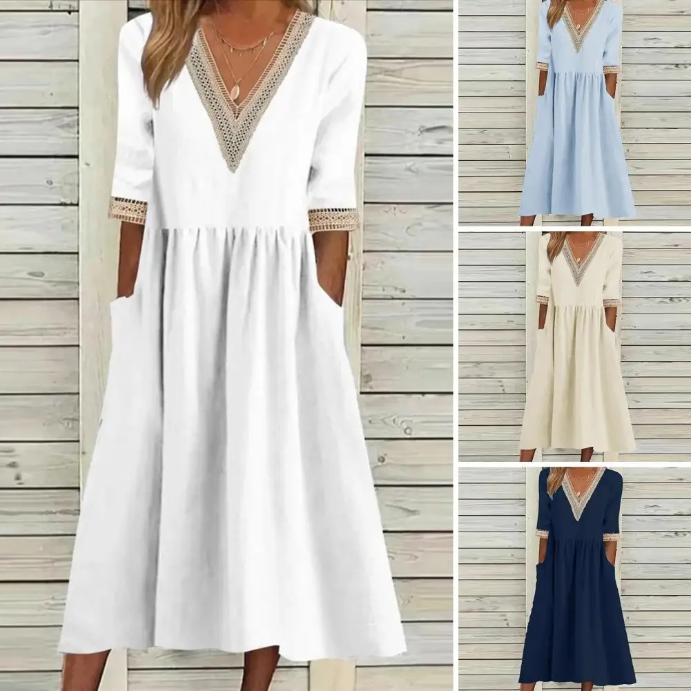 

Шикарное женское летнее платье до середины икры, женское платье миди в стиле пэчворк, однотонное летнее платье миди, повседневная одежда